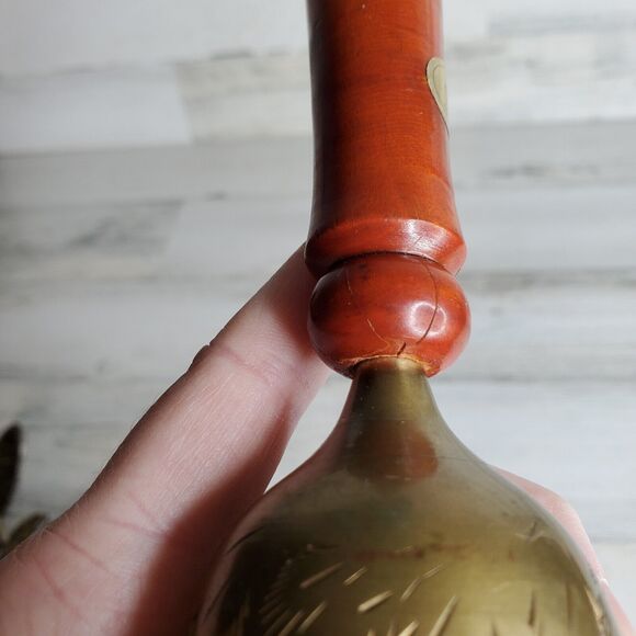Vintage Etched Brass Hand Bell Wood Handle India - School, Teacher, Call Service - Picture 12 of 12